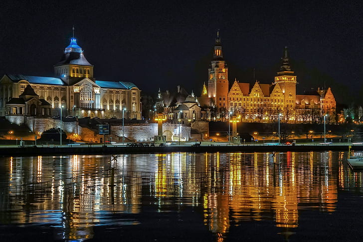 night, lights, Poland, Szczecin, HD wallpaper