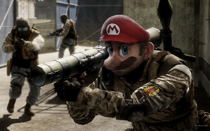 Super Mario Counter Strike Go, battlefield, soldier, mario, head, bazooka, HD wallpaper