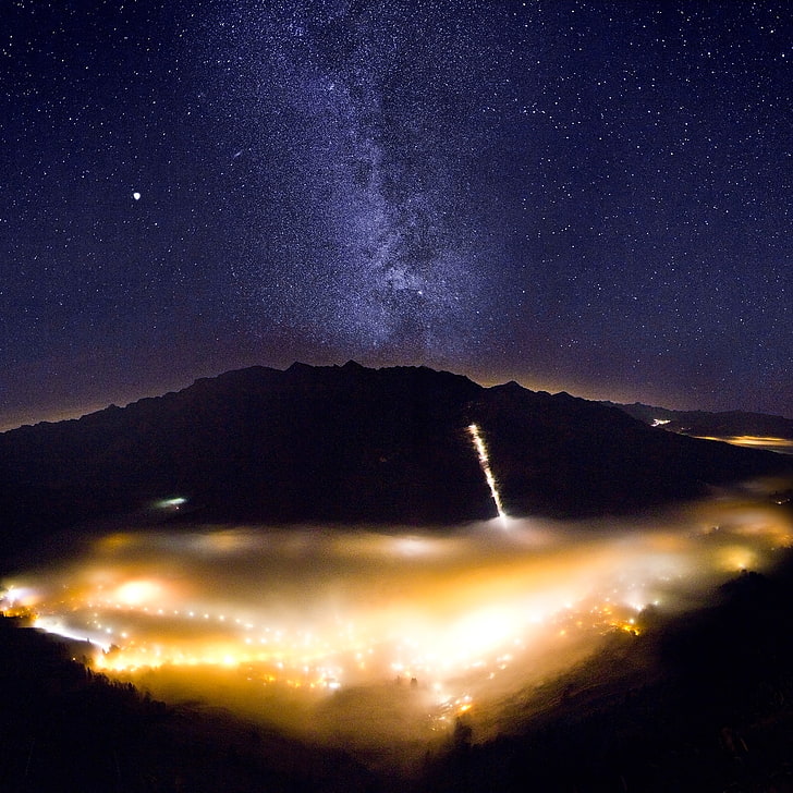 Foggy Valley With Milky Way, astronomy, bavaria, black, canon, canoneos550d, citylights, germany, highdynamicrange, hirschberg, landscape, longexposure, night, photography, sky, stars, themilkyway, tokinaat‑x116prodxaf11‑16mmf/2.8, HD wallpaper