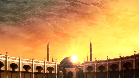 grå och vit moské, moské, islamisk arkitektur, Sword Art Online, Sun, digital konst, HD tapet HD wallpaper