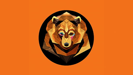 brown fox logo illustration, animals, bears, face, digital art, vector art, minimalism, low poly, geometry, circle, orange background, HD wallpaper HD wallpaper