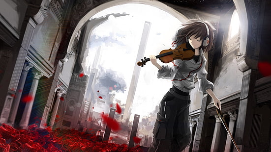 Mädchen spielen Violine Anime Illustration, Zeichentrickfigur hält Violine Tapete, Anime, Violine, Kopfhörer, Rose, Blätter, Gebäude, Architektur, originelle Charaktere, Anime Mädchen, HD-Hintergrundbild HD wallpaper