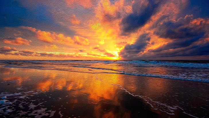 Earth, Sunset, Beach, Cloud, Horizon, Ocean, Oil Painting, Sea, Sky, HD wallpaper