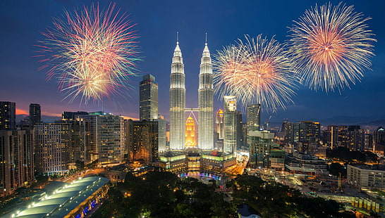 Fotografia, Fogos de artifício, Cidade, Colorido, Kuala Lumpur, Malásia, HD papel de parede HD wallpaper