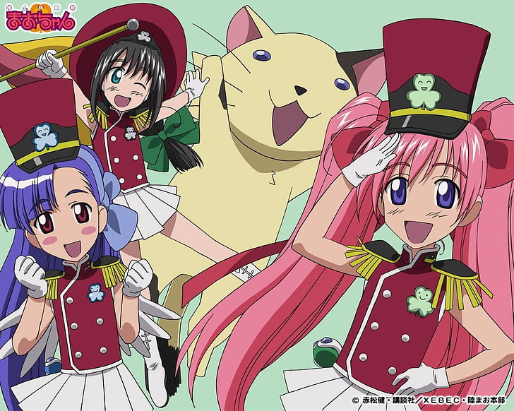 three girls and one animal animated character wallpaper, akamatsu ken, mao-chan, girl, fun, cat, HD wallpaper