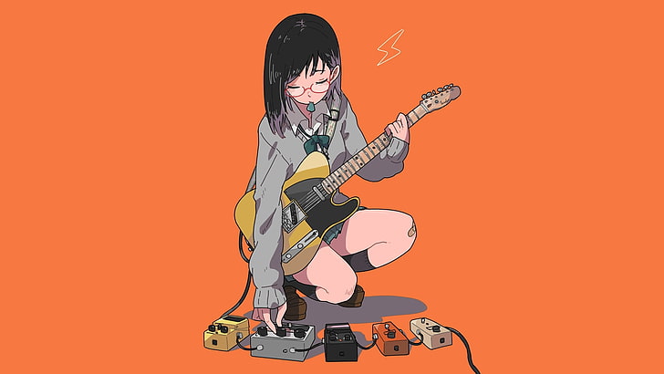 anime, manga, anime girls, simple background, minimalism, orange, guitar, schoolgirl, musician, meganekko, glasses, short hair, sitting, HD wallpaper