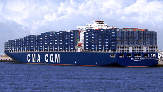 mavi CMA CGM konteyner gemisi, Bulutlar, Deniz, İskele, Mavi, Tahta, gemi, Kargo, Bir konteyner gemisi, CMA CGM, MEDEA, HD masaüstü duvar kağıdı HD wallpaper
