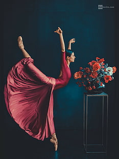 ballerina, ballet slippers, flowers, plants, women, dancer, legs up, Dan Hecho, portrait display, tiptoe, HD wallpaper HD wallpaper