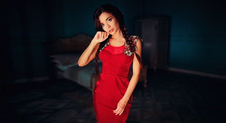 kobiety, warkocze, czerwona sukienka, Iwan Gorochow, portret, Ekaterina Zueva, Tapety HD