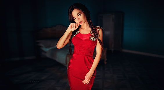 여자, 땋은 머리, 빨간 드레스, Ivan Gorokhov, 초상화, 예카테리나 Zeva, HD 배경 화면 HD wallpaper