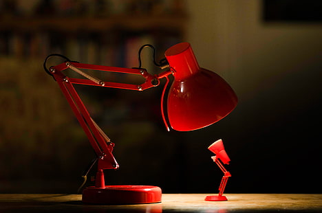 red desk lamp, lamp, lighting, large, small, table, HD wallpaper HD wallpaper