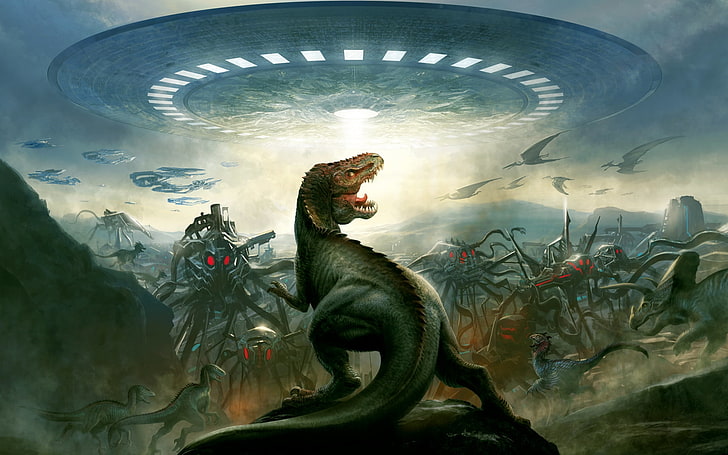 обои с динозаврами и инопланетянами, картины T-Rex и UFO, динозавры, фантастика, инопланетяне, UFO, фэнтези-арт, HD обои