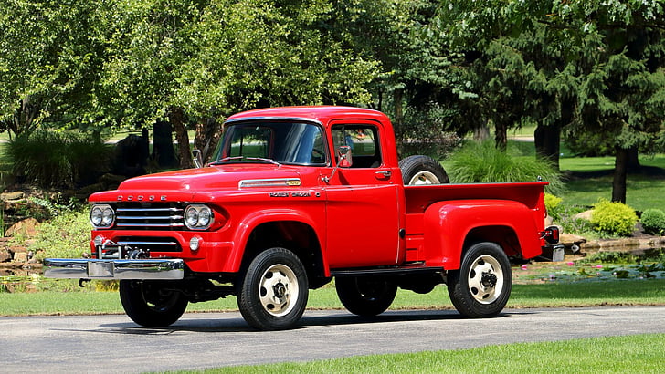 1958, dodge, pickup, power, red, truck, w100, wagon, HD wallpaper