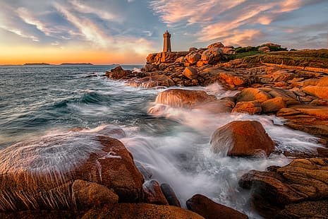  stones, coast, France, lighthouse, Brittany, Ploumanach, HD wallpaper HD wallpaper