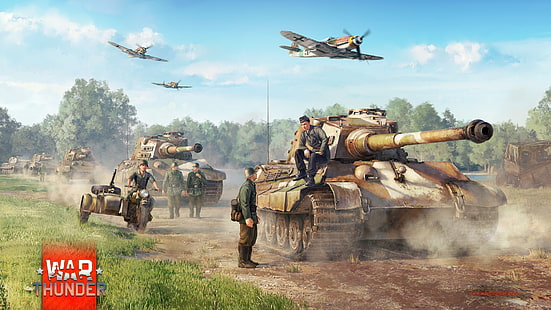 Tapeta cyfrowa War Thunder, grafika, Bf-109, Tiger II, War Thunder, gra wideo, piechota, czołgi, samoloty, Niemcy, Tapety HD HD wallpaper