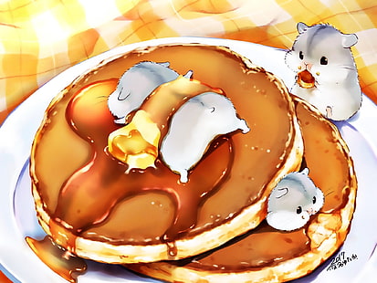 Anime, original, gâteau, mignon, hamster, assiette, Fond d'écran HD HD wallpaper
