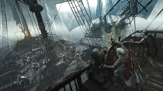 عاصفة ، مطر ، سفينة ، قراصنة ، قاتل ، قاتل ، إدوارد كينواي ، Assassin's Creed IV: Black Flag ، Assassin's Creed 4: Black Flag، خلفية HD HD wallpaper
