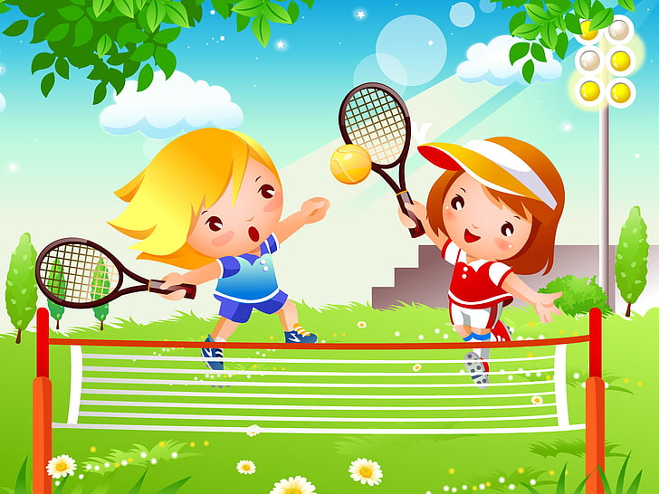 Детски игри, момиче и момче, които играят тенис илюстрация, карикатури,, карикатура, бебе, момичета, тенис, HD тапет