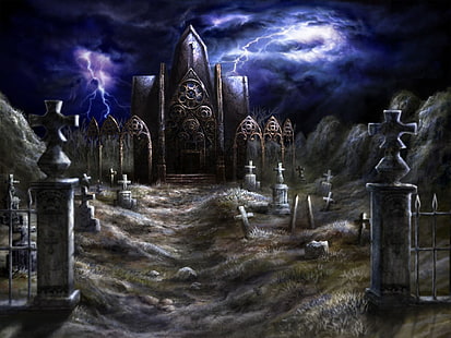 Sombre, cimetière, cimetière, foudre, nuit, tempête, pierre tombale, Fond d'écran HD HD wallpaper