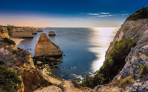 nature, paysage, formation rocheuse, falaise, mer, soleil, côte, Fond d'écran HD HD wallpaper