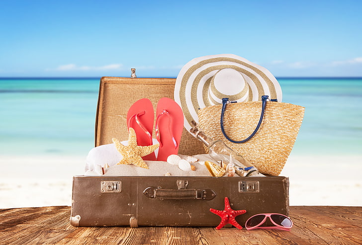 brown luggage bag, sand, sea, Board, bottle, hat, glasses, shell, suitcase, bag, slates, starfish, HD wallpaper