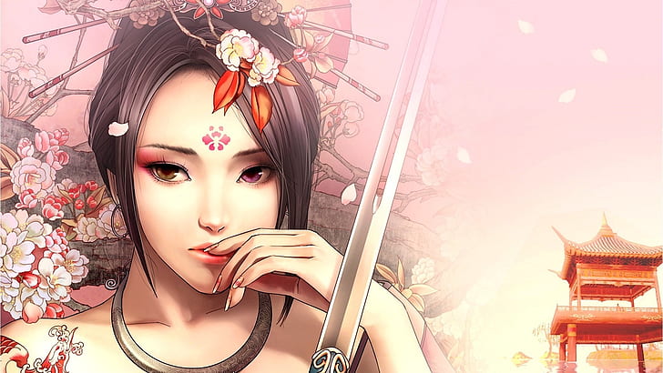 Fantasy Asiatin, Katana Schwert, Blumen, Fantasy, Asiatin, Mädchen, Katana, Schwert, Blumen, HD-Hintergrundbild