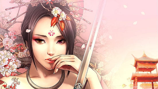 Menina asiática de fantasia, espada katana, flores, Fantasia, Asiática, Menina, Katana, espada, flores, HD papel de parede HD wallpaper