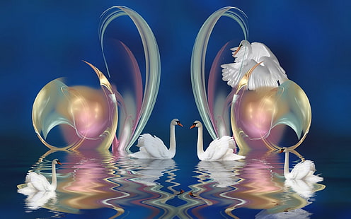 два белых лебедя, лебеди, узоры, плавать, красиво, HD обои HD wallpaper