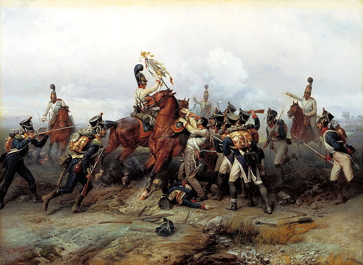 мъже, които се борят с живопис, хора, война, картина, кон, битката, живопис, платно, Austerlitz, Villevalde Bogdan, 1805, подвигът на кавалерийския полк, HD тапет