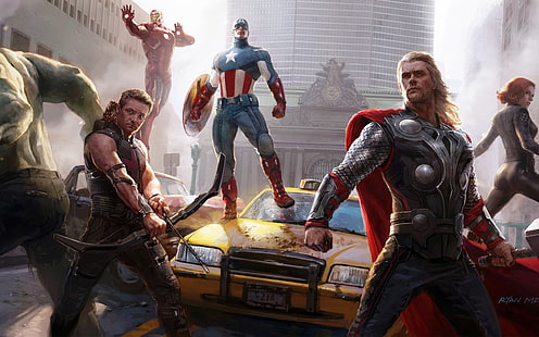 Obraz Marvel Avengers, Marvel Comics, Iron Man, Thor, Czarna Wdowa, Hawkeye, Kapitan Ameryka, Hulk, Scarlett Johansson, Tapety HD HD wallpaper