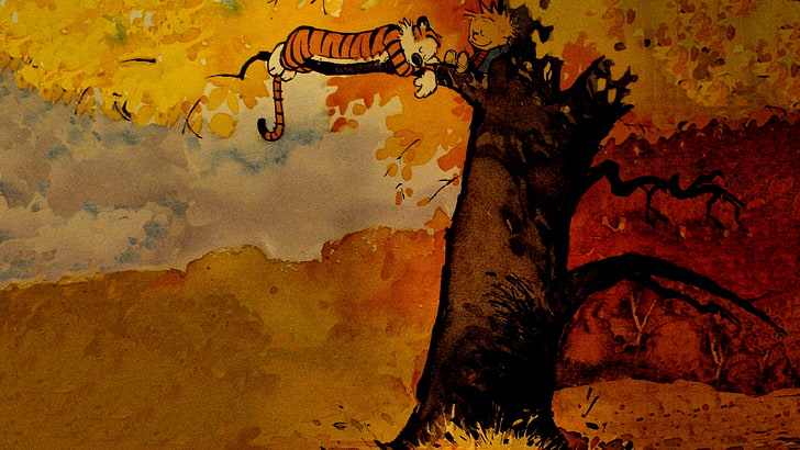 Calvin and Hobbes, fall, relaxing, cartoon, HD wallpaper