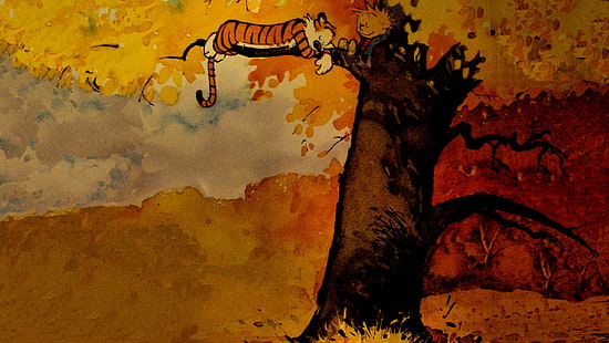 Calvin ve Hobbes, sonbahar, rahatlatıcı, çizgi film, HD masaüstü duvar kağıdı HD wallpaper
