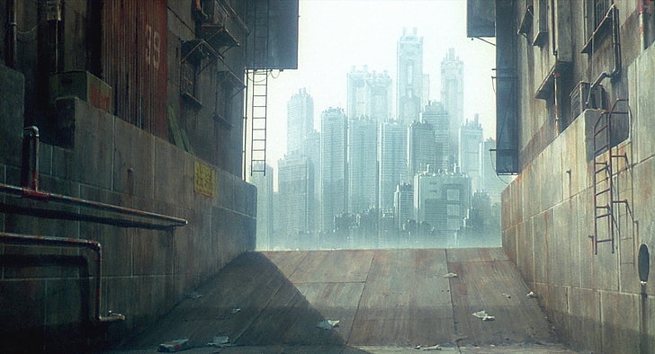 beco de concreto marrom, obras de arte, paisagem urbana, névoa, fantasma na concha, HD papel de parede