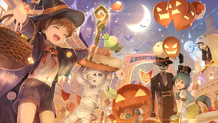 Halloween, candy, ghost, bats, mummy, pumpkin, balloon, cat boy, witch, night, Jack O' Lantern, HD wallpaper