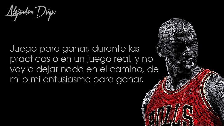 Michael Jordan med textöverlägg, typografiska porträtt, Michael Jordan, basket, Chicago Bulls, svart bakgrund, citat, HD tapet