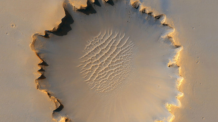gray sand, Mars, planet, crater, HD wallpaper
