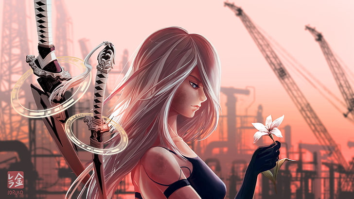 gray haired female anime wallpaper, A2 (Nier: Automata), digital art, fan art, video games, Nier: Automata, gloves, NieR, industrial city, human android, katana, weapon, fantasy weapon, sadness, white flowers, red sky, HD wallpaper