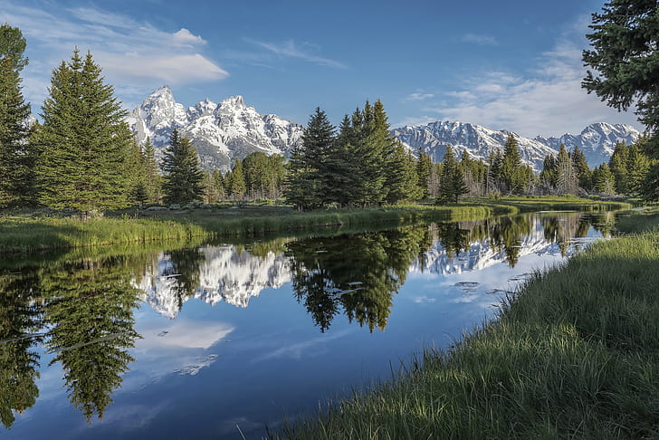 body of water surrounded with grasses and pine trees, grand teton national park, grand teton national park, Landing, Grand Teton National Park, body of water, grasses, pine trees, geo, lat, lon, geotagged, Beaver Creek, Moose, Clouds, Teton Mountain Range, Grand Tetons, https, Landscape, Marsh, Mountain, National Park, Reflection, Scenic, View, Schwabacher, Road, Sky, Snake River, South Central, Rockies, Teton County, Tourist Attraction, Travel Photography, Trees, U.S. National Park Service, United States, USA, Water, WY, Wyoming, nature, lake, scenics, outdoors, forest, summer, tree, alberta, canada, HD wallpaper