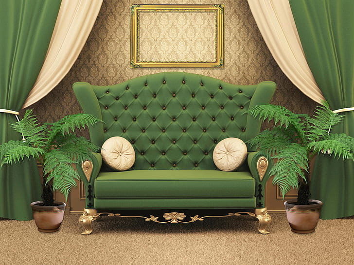 flowers, design, green, style, room, sofa, interior, pillow, frame, curtains, HD wallpaper