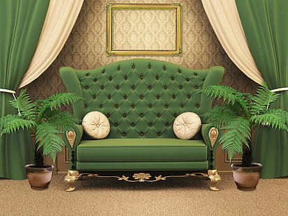 цветы, дизайн, зеленый, стиль, комната, диван, интерьер, подушка, рама, шторы, HD обои HD wallpaper