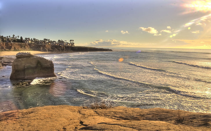 seashore and rock formations, sunset, beach, san diego, california, usa, HD wallpaper