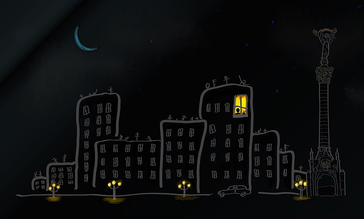 house illustration, the sky, stars, light, night, the city, rendering, the moon, street, Windows, home, a month, lights, car, Kiev, HD wallpaper