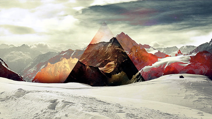 lapangan salju, wallpaper 3D gunung, abstrak, pegunungan, polyscape, salju, segitiga, seni digital, lanskap, alam, Wallpaper HD