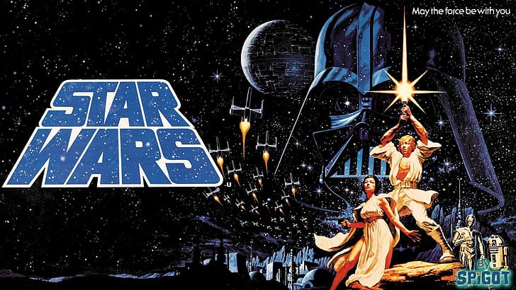 Star Wars, A New Hope, Leia Organa, R2-D2, C-3PO, sable de luz, Darth Vader, Fondo de pantalla HD
