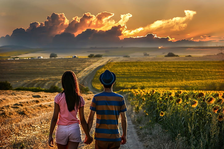 couple holding hands waking on the road, couple, holding hands, road, field, back, clouds, sunflowers, men, women, HD wallpaper