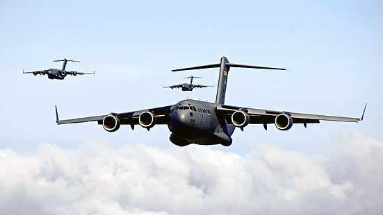aereo passeggeri grigio, aereo militare, aereo, jet, cielo, militare, aereo, C17, Sfondo HD HD wallpaper