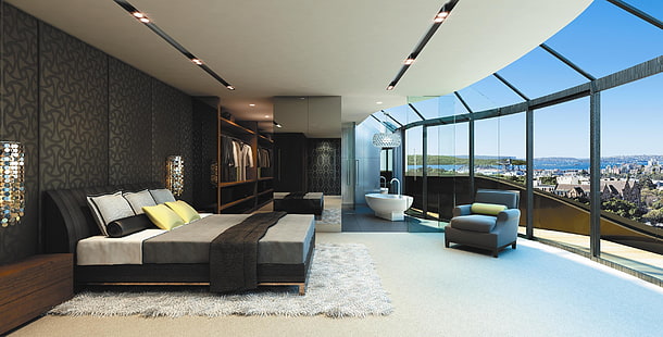черный каркас кровати, интерьер, стиль, дизайн, мегаполис, дом, жилая площадь, HD обои HD wallpaper