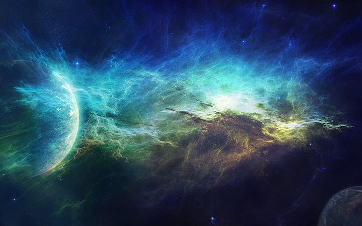 Ilustración de galaxia azul, negro y verde azulado, cielo, abstracto, niebla, juego, Fondo de pantalla HD