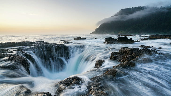 Oregon, Thor's Well, naturaleza, cascada, horizonte, mar, Fondo de pantalla HD