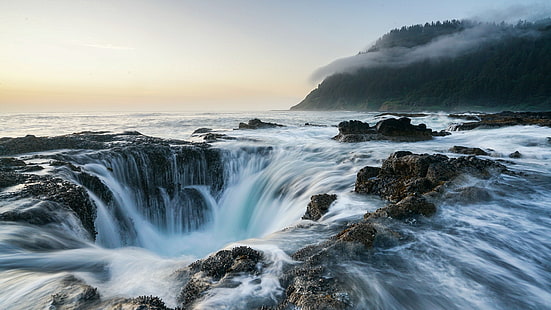 Oregon, Thor's Well, nature, waterfall, horizon, sea, HD wallpaper HD wallpaper